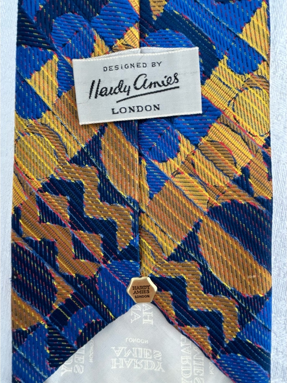 Vintage 70s Hardy Amies wide Blue and Gold Geometric disco PolyesterTie